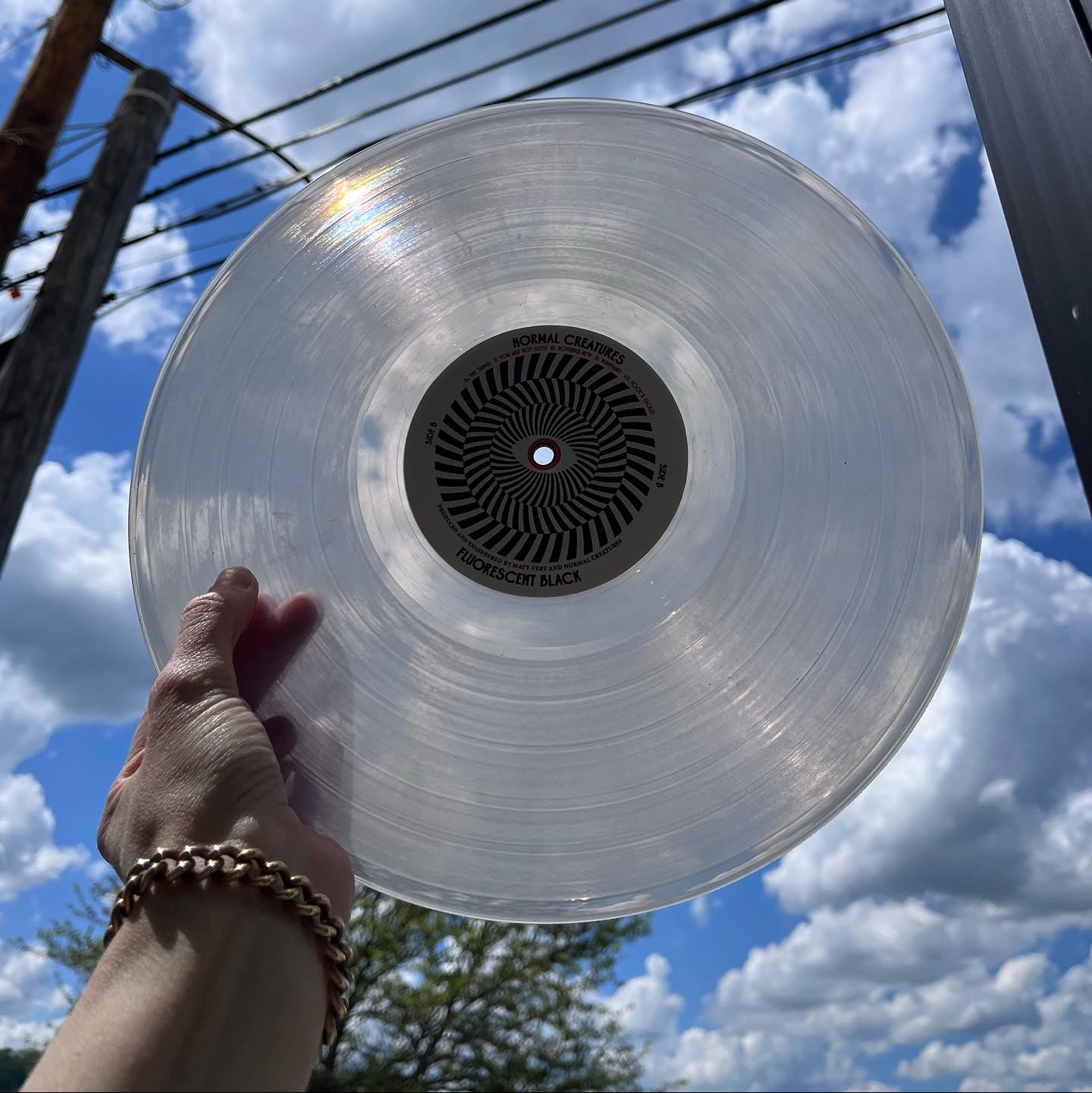 Clear vinyl record held up against a blue sky with clouds