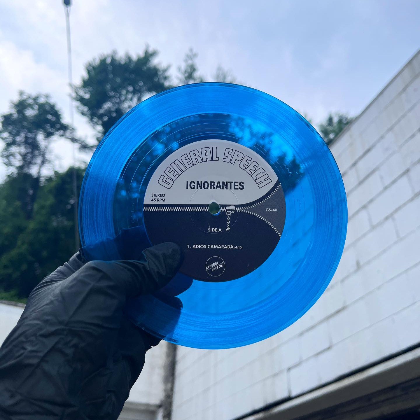 Clear/transparent blue vinyl record held by a person with a building and trees in the background