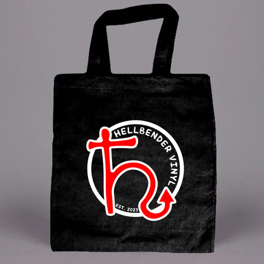 A black cotton tote bag with 'Hellbender Vinyl' logo printed in white and red on the front.
