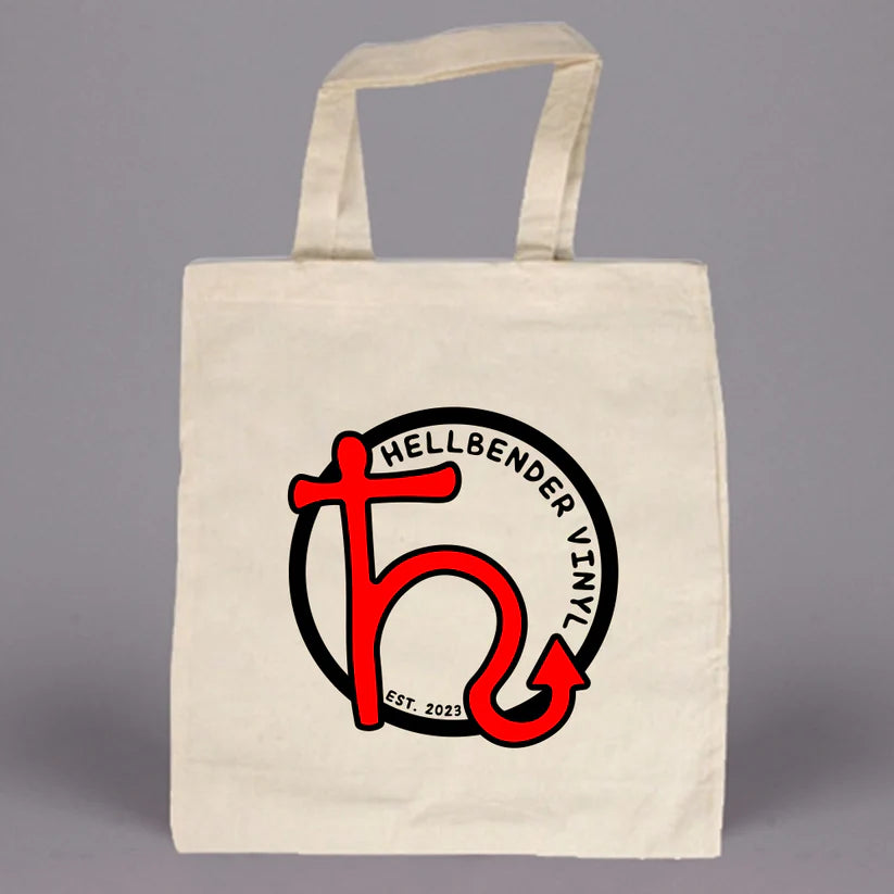A natural cotton tote bag with 'Hellbender Vinyl' logo printed in white and red on the front.