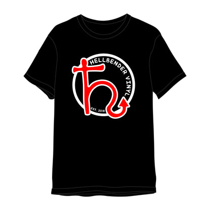 Black crew neck t-shirt with a graphic design in red and white, centered on the chest area.