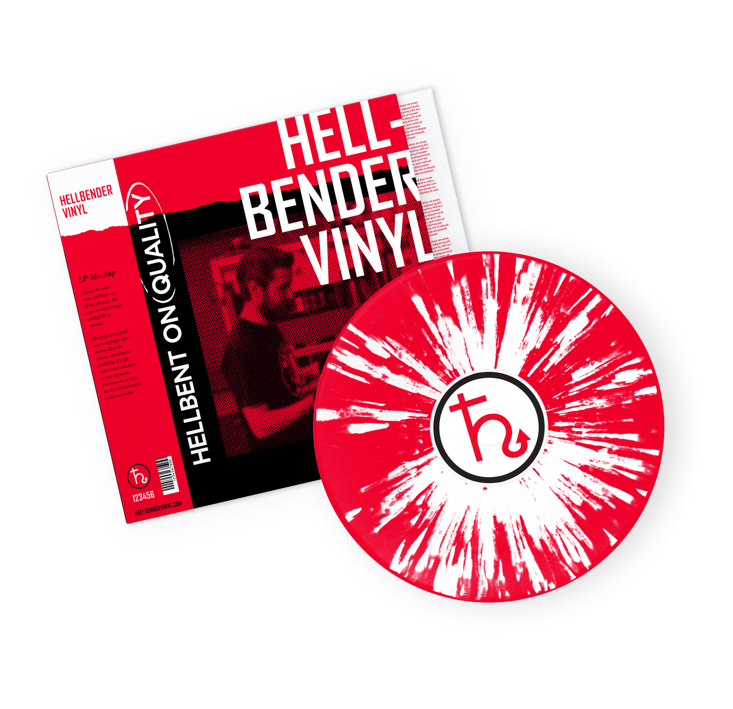 Hellbender Vinyl record mockup with obi-strip and red and white splatter vinyl design