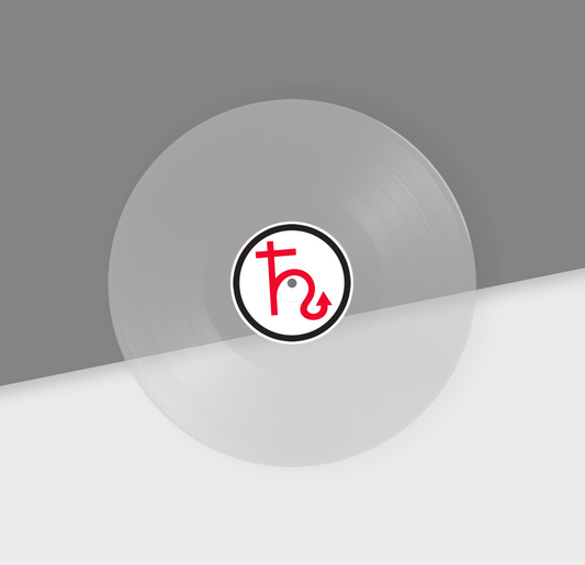 A clear vinyl record with a red and black label in the center, placed on a grey background.