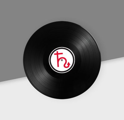 A 12-inch black vinyl record with a red and white label in the center, placed on a split gray and white background.