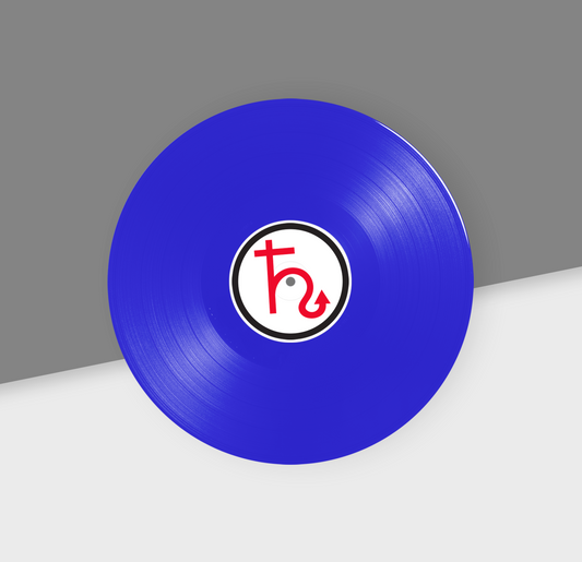 A blue 12-inch vinyl record with a white label in the center featuring a red and black symbol.