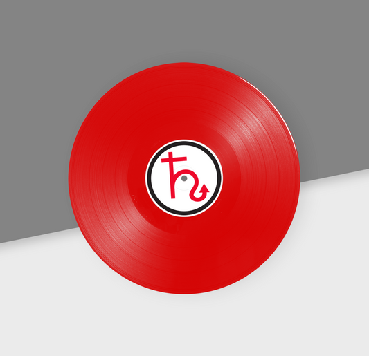 A red 12-inch vinyl record with a white label in the center.
