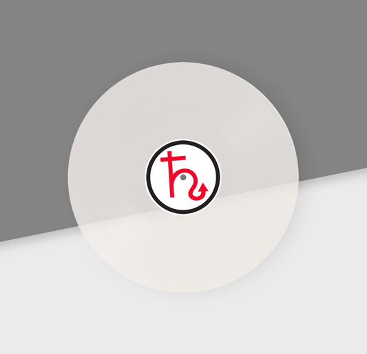 A white 12-inch vinyl record with a red and black center label featuring a symbol, placed on a grey background.