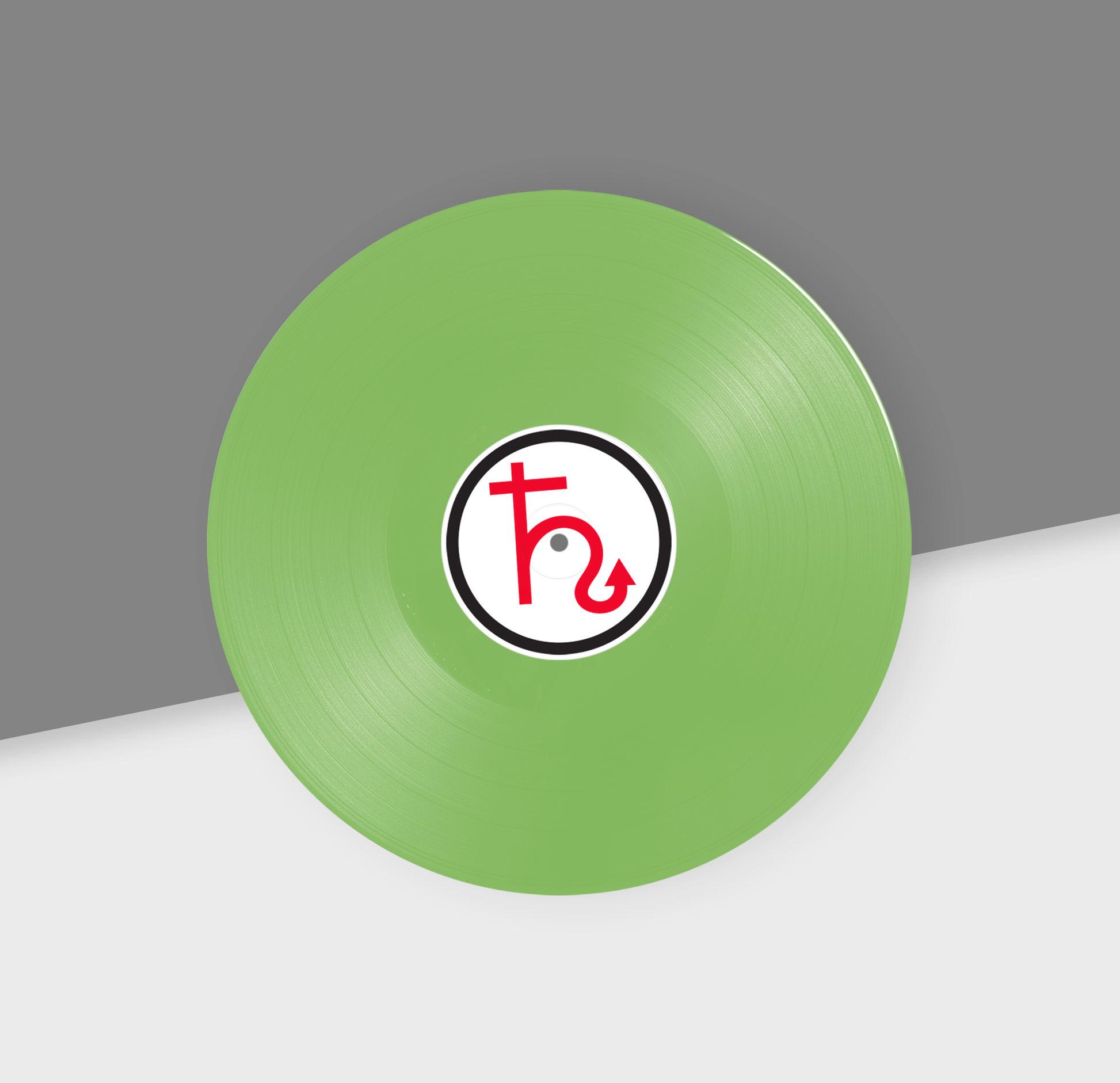 Photoshop mockup of a 12" lime green vinyl record by Hellbender Vinyl