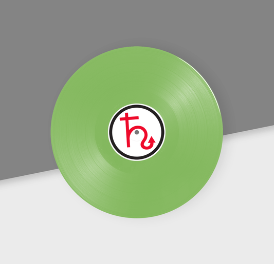 Photoshop mockup of a 12" lime green vinyl record by Hellbender Vinyl