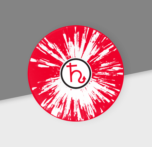 Red and white splatter record with the Hellbender Vinyl logo on the center label