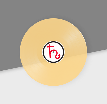 A 12-inch transparent hazy orange vinyl record with a black and white center label featuring a red letter 'H' logo.