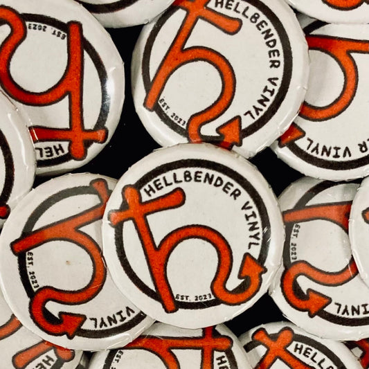 Collection of Hellbender Vinyl buttons with red and black design.