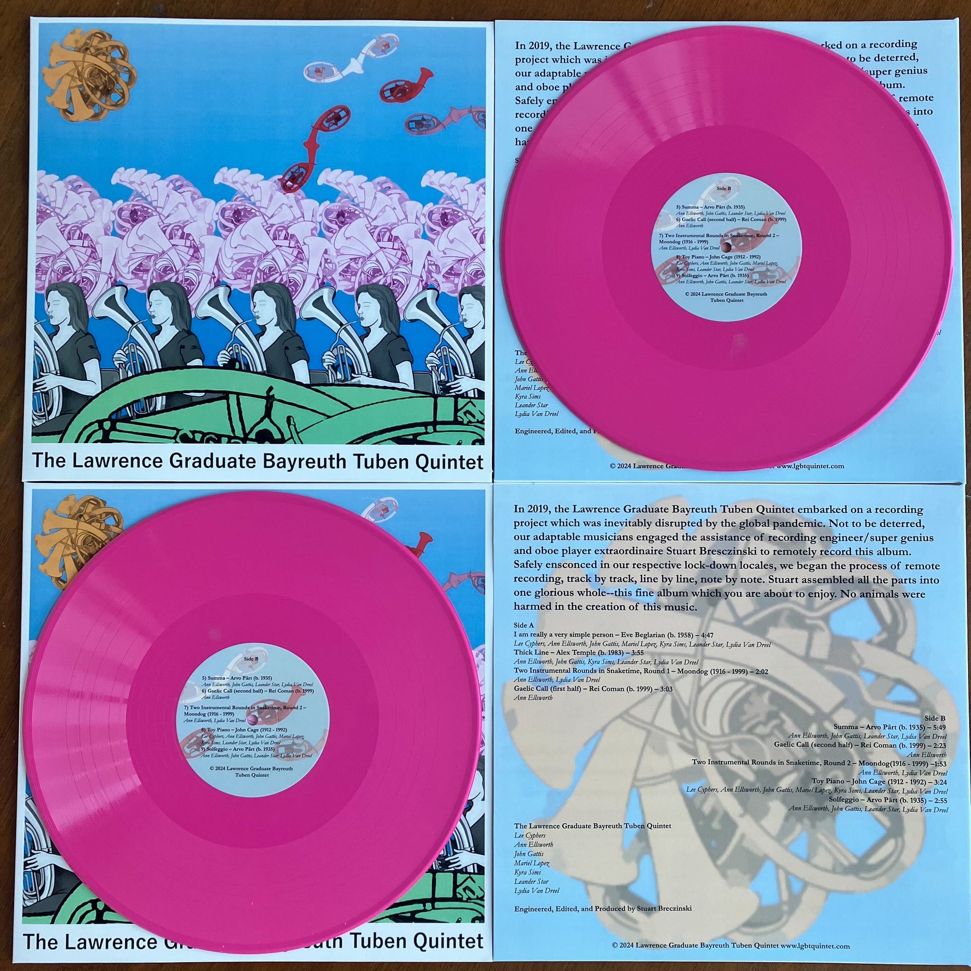 A 12" opaque pink vinyl record pressed by Hellbender Vinyl