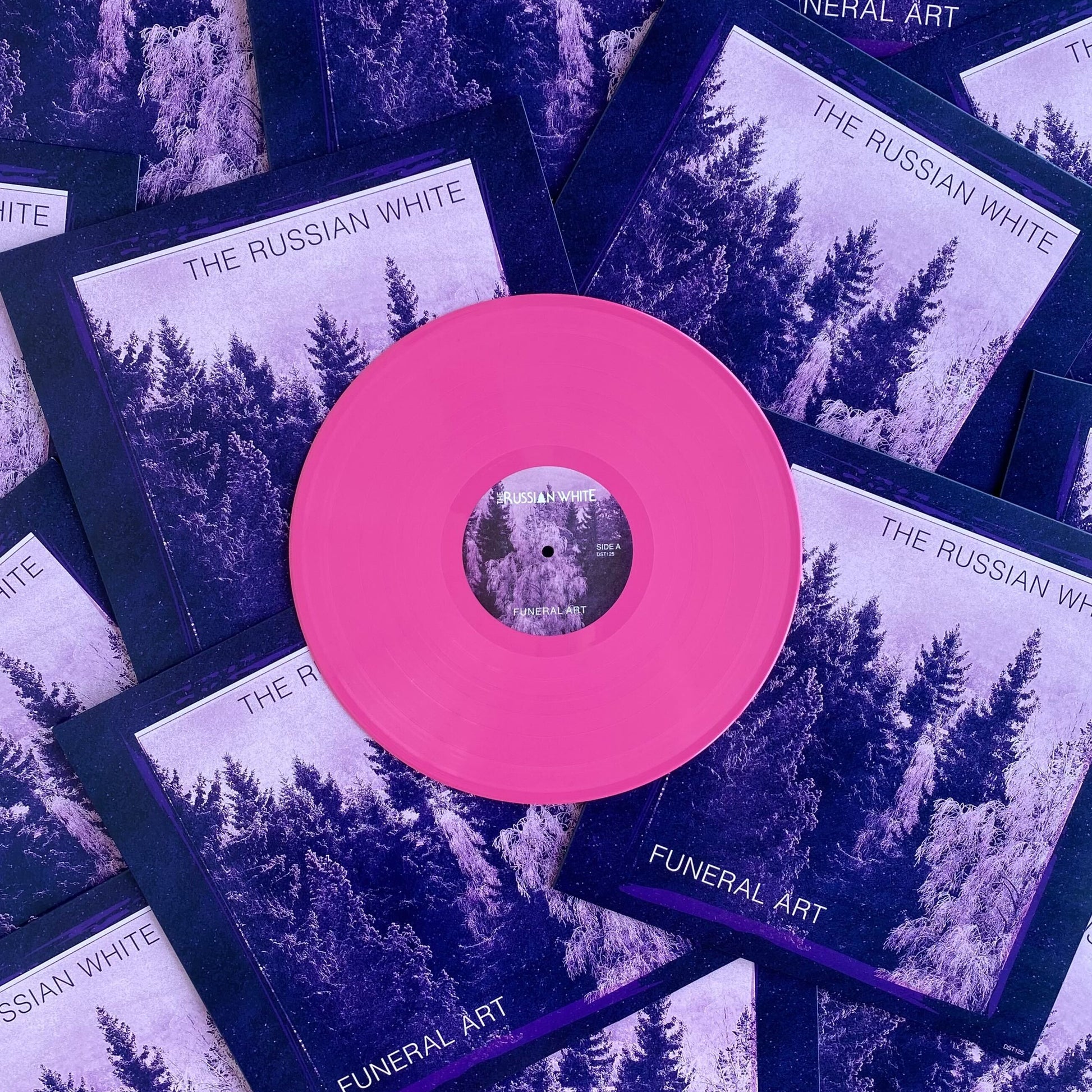 Vinyl record with pink label surrounded by 'The Russian White' album covers