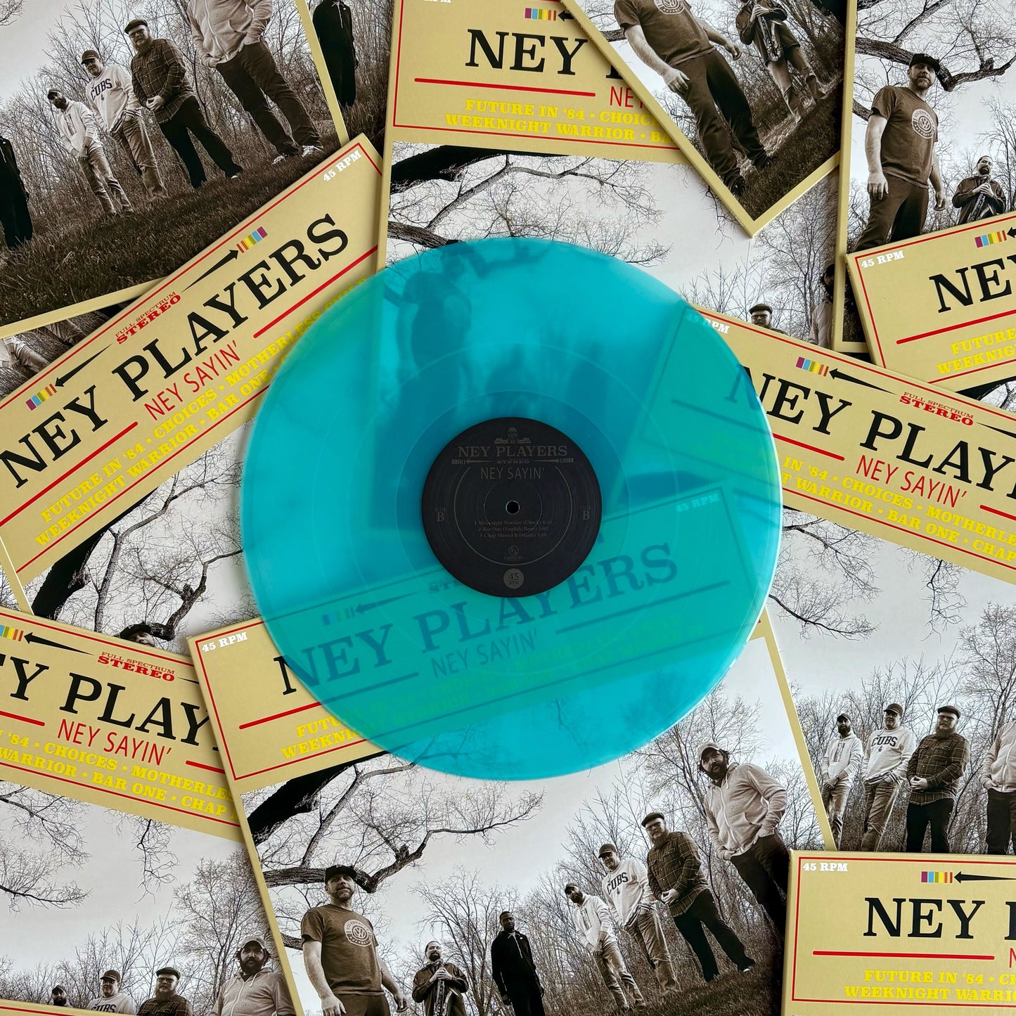 Clear/transparent seaglass blue vinyl record made by Hellbender Vinyl