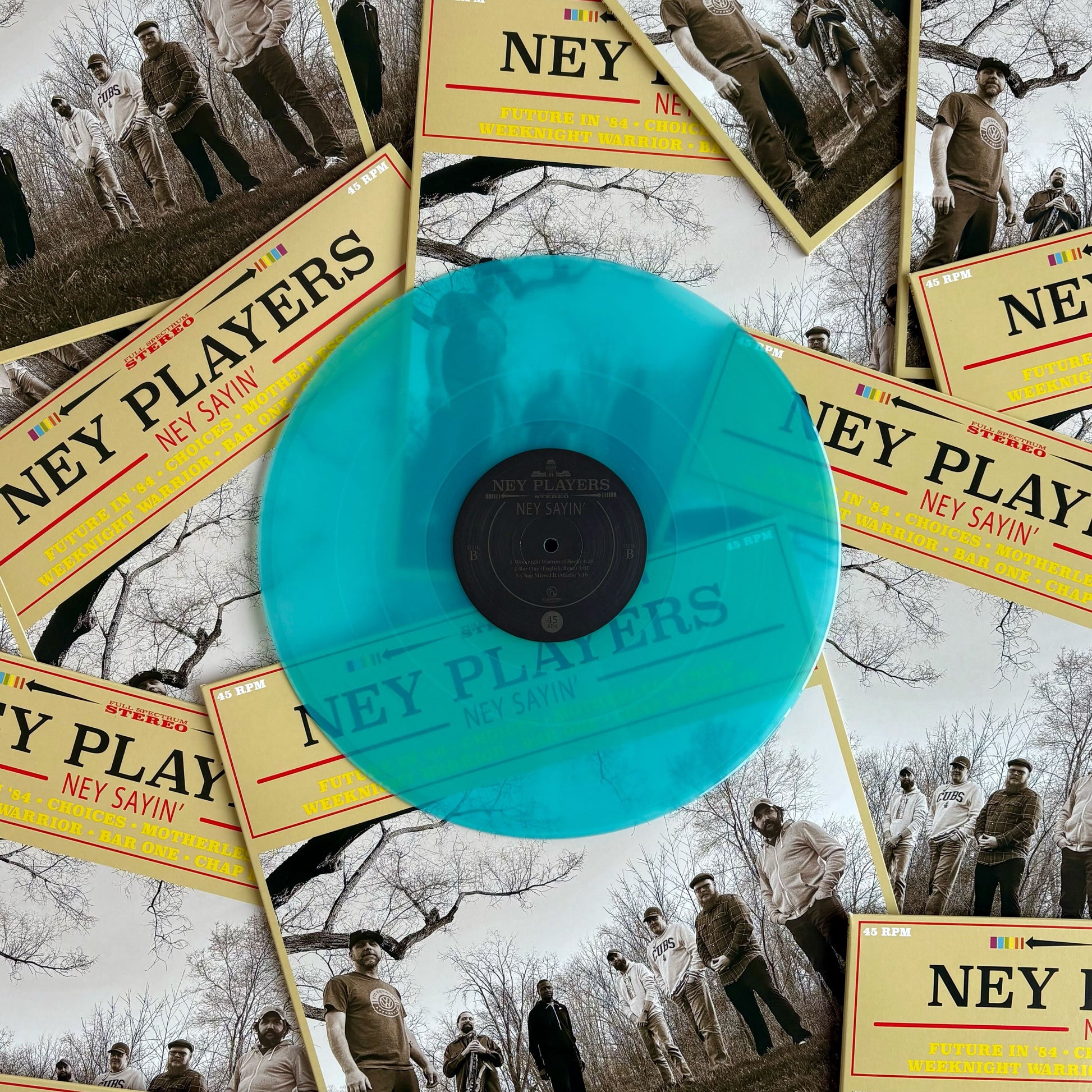 Clear/transparent seaglass blue vinyl record made by Hellbender Vinyl