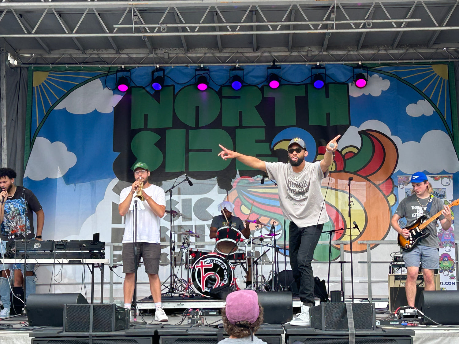 Livefromthecity and his band perform live at the Northside Music Festival in Pittsburgh, Pennsylvania in front of a Hellbender Vinyl-branded drum kit