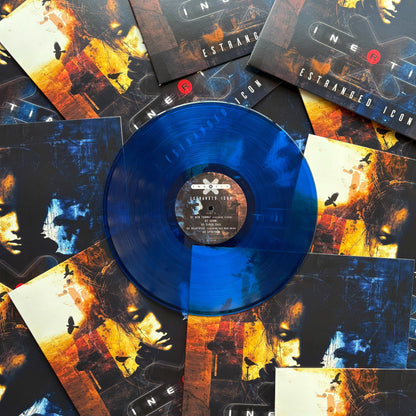 Clear blue vinyl record with album cover surrounded by multiple copies