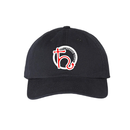 A black unstructured, six-panel, low-profile vinyl cap with a pre-curved visor and a white and red logo on the front.