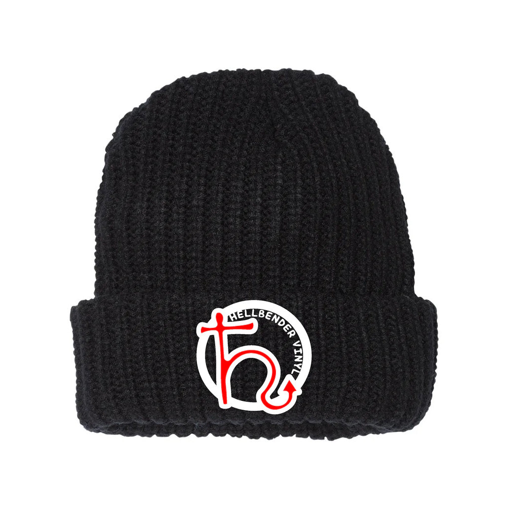 A black chunky knit beanie with a logo on the cuff.